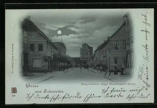 Mondschein-AK Salzwedel, Loge Westendorf`s Hotel, Strassenpartie am Neupervertor