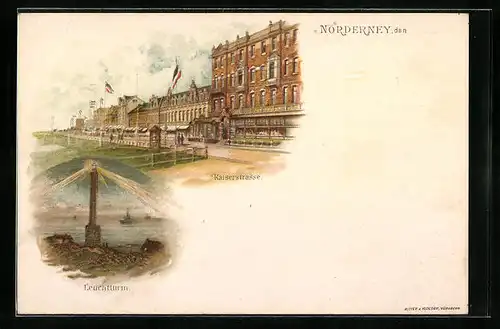 Lithographie Norderney, Partie in der Kaiserstrasse, Leuchtturm