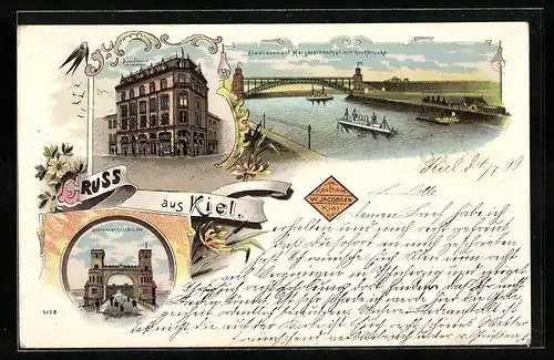 Lithographie Kiel, Kaufhaus W. Jacobsen, Etablissement Margarethenthal mit Hochbrücke
