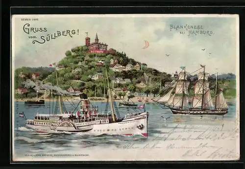 Lithographie Blankenese, Süllberg mit Dampfer und Segelschiff