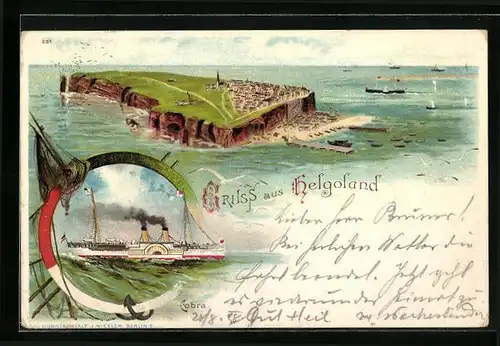 Lithographie Helgoland, Insel aus der Vogelschau, Dampfschiff