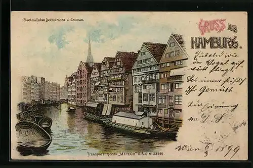 Lithographie Hamburg, Fleet zwischen Deichstrasse und Cremon