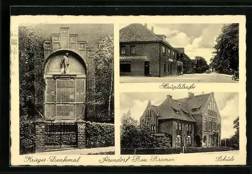 AK Asendorf, Hauptstrasse, Schule, Krieger-Denkmal