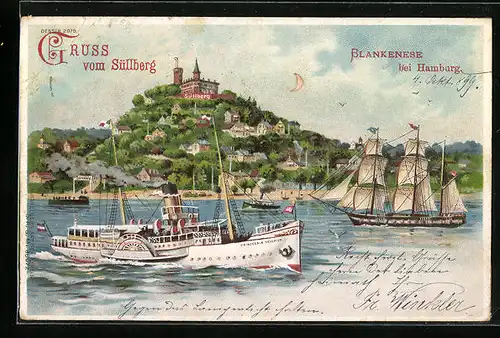 Lithographie Blankenese, Süllberg, Dampfer, Segelschiff