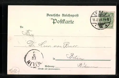 Lithographie Leipzig, Strassenpartie mit Reichsbank und 1. Bürgerschule