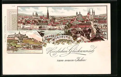 Lithographie Würzburg, Festung, Stadt-Panorama