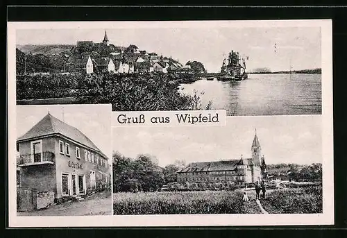 AK Wipfeld, Kolonialwarenhandlung Georg Gunkel, Ortsansicht mit Fluss