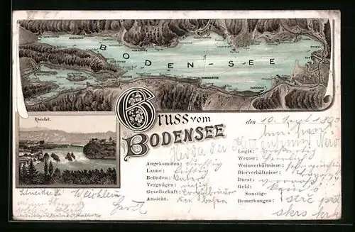 Vorläufer-Lithographie Constanz, 1895, Landkarte von Bodensee und Umgebung, Rheinfall bei Schaffhausen