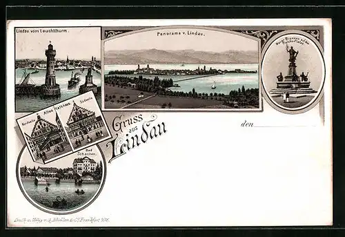 Lithographie Lindau /Bodensee, Altes Rathaus, Leuchtthurm