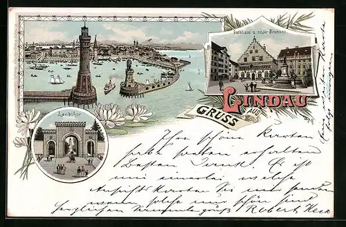 Lithographie Lindau /Bodensee, Rathaus und neuer Brunnen, Landthor