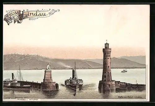 Lithographie Lindau /Bodensee, Dampfer an der Hafeneinfahrt