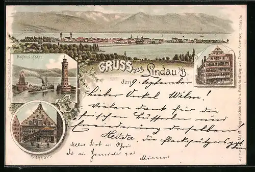 Vorläufer-Lithographie Lindau /Bodensee, 1895, Hafeneinfahrt, Rathaus, Panorama
