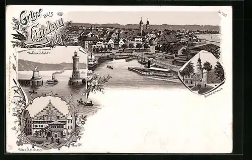 Lithographie Lindau /Bodensee, Heidenmauer, Altes Rathaus