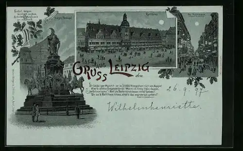 Mondschein-Lithographie Leipzig, Petersstrasse während der Messe, Sieges-Denkmal, Rathaus