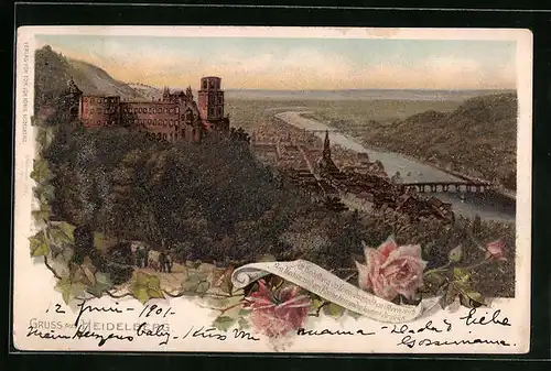 Glitzer-Perl-Lithographie Heidelberg, Panorama mit Schloss