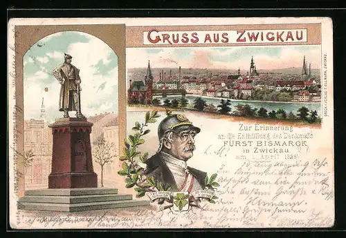 Lithographie Zwickau i. Sa., Erinnerung an die Enthüllung des Denkmales, Fürst Bismarck, 1. April 1898