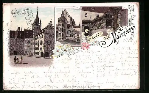 Lithographie Nürnberg, Rathausneubau, Wasserhof, Germanisches Museum