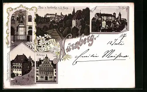 Lithographie Nürnberg, Dürerdenkmal, Dürerhaus, Die Burg
