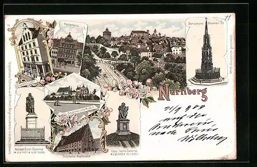 Lithographie Nürnberg, Pellerhaus, Brunnen, Spielwaarenlager, Hopfenhalle