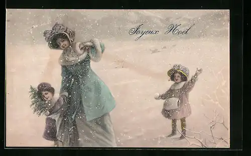 Künstler-AK V.K., Vienne Nr. 5030: Weihnachtsgrüsse, Junge Mutter bei einer Schneeballschlacht mit ihren Töchtern
