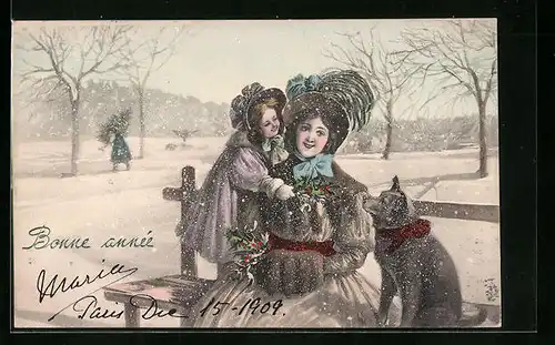 Künstler-AK V.K., Vienne Nr. 5030: Neujahrsgrüsse, Mutter mit der Tochter und Hund auf einer Parkbank