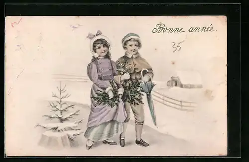 Künstler-AK V.K., Vienne Nr. 5004 /b: Neujahrsgrüsse, Spaziergang eines jungen Paares durch den Schnee