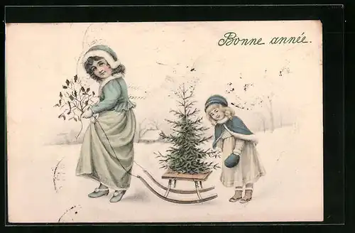 Künstler-AK V.K., Vienne Nr. 5504 /b: Junges Schwesternpaar beim Transport des Weihnachtsbaumes