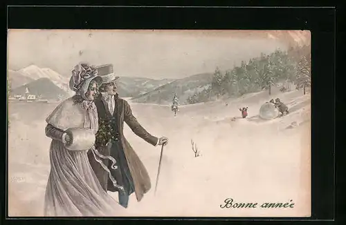 Künstler-AK V.K., Vienne Nr. 5000 /a: Neujahrsgrüsse, Spaziergang durch die Schneelandschaft