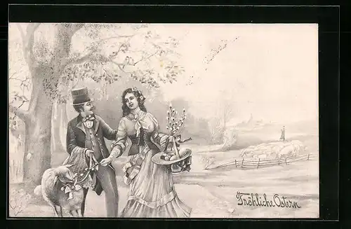 Künstler-AK V.K., Vienne Nr. 4155: Osterlicher Spaziergang eines Liebespaares mit einem Osterlamm