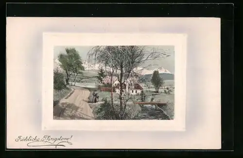 Künstler-AK V.K., Vienne Nr. 4076: Pfingstgrüsse, Bachlauf mit blühenden Birken im Frühling