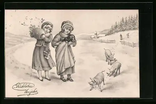 Künstler-AK V.K., Vienne Nr. 5357: Schwesternpaar mit Dackel und Glücksschweinen