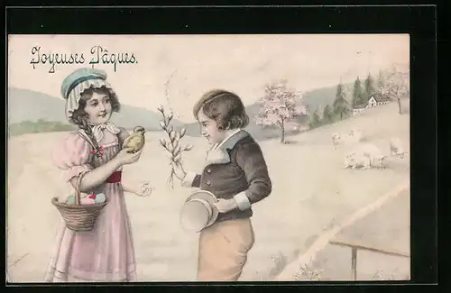 Künstler-AK V.K., Vienne Nr. 4027: Kleine Kinder begutachten ein Osterküken