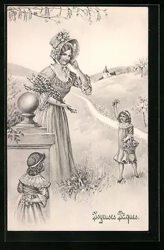 Künstler-AK V.K., Vienne Nr. 4101: Junge Mutter beim Blumenpflücken mit den Kindern