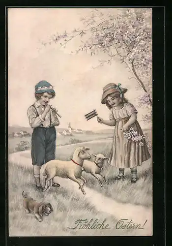 Künstler-AK V.K., Vienne Nr. 4056: Kleine Kinder beim Musizieren mit Osterlämmern und Dackelwelpen