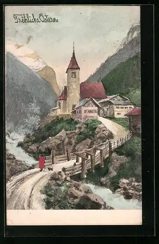 Künstler-AK V.K., Vienne Nr. 4206: Ostergrüsse, Bergpfad zur Dorfkirche führend