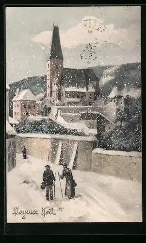 Künstler-AK V.K., Vienne Nr. 5312: Verschneite Ortspartie mit Blick zur Kirche