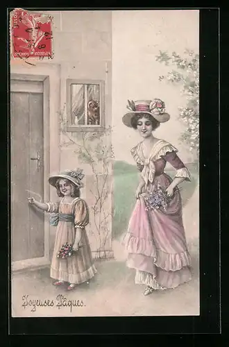 Künstler-AK V.K., Vienne Nr. 4176: Ostergrüsse, Mutter und Tochter mit Blumengesteck im Frühling