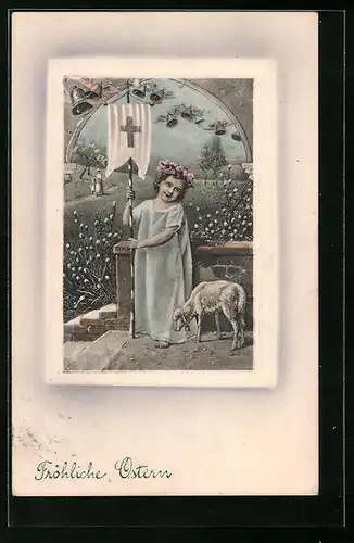 Künstler-AK V.K., Vienne Nr. 4041: Mädchen mit Osterkreuz-Standarte und Osterlämmchen