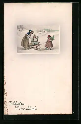 Künstler-AK V.K., Vienne Nr. 5040: Geschwister beim Rodeln in einer Schneelandschaft