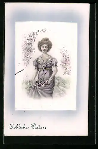Künstler-AK V.K., Vienne Nr. 4038: Schöne Frau im violetten Kleid mit Blumengesteck