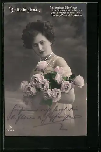Foto-AK L.J. & F.F. Nr.: 2780 /5, Dame mit rosa Rosen und Perlen
