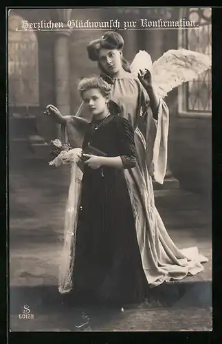 Foto-AK L.J. & F.F. Nr.: 6012 /2, Junges Mädchen und Engel bei der ...Konfirmation