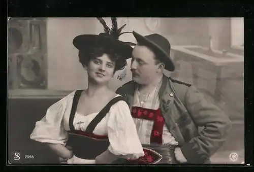 Foto-AK L.J. & F.F. Nr.: 2056, Geliebte zusammen in Tracht