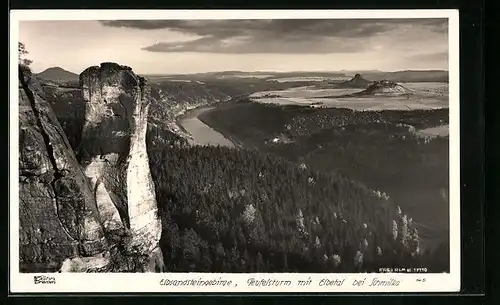 Foto-AK Walter Hahn, Dresden, Nr. 145: Teufelsturm mit Elbetal bei Schmilka