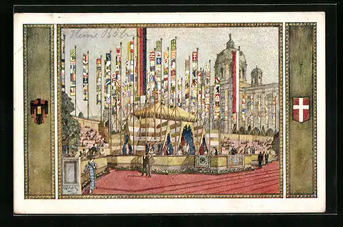 AK Wien, 10. Deutsches Sängerbundesfest 1928, Tribüne mit Fahnen