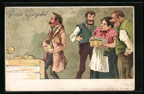 Lithographie Herren beim Kegeln