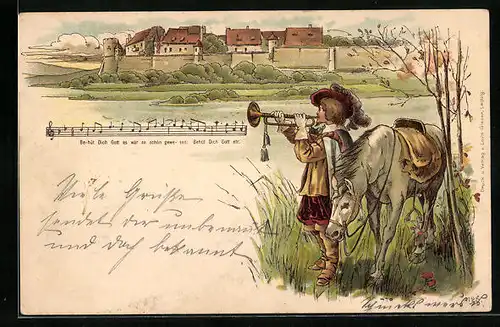 Lithographie Trompeter am Flussufer, Behüt Dich Gott!