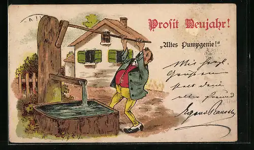 Lithographie Altes Pumpgenie, früher Druck