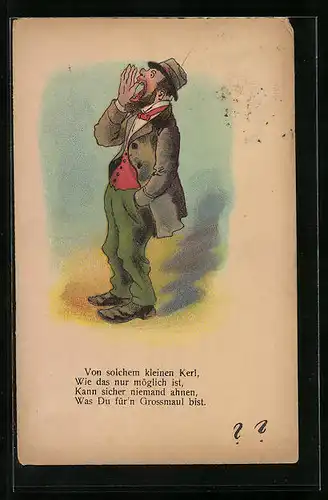 Künstler-AK Scherzkarte, Kleiner Kerl ist ein Grossmaul