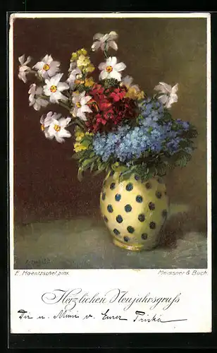 Künstler-AK Meissner & Buch (M&B) Serie 2302: Bunter Blumenstrauss in gepunkteter Vase